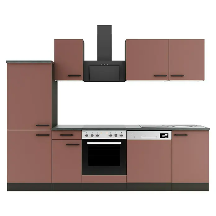 Optifit Nizza407 Küchenzeile Typ 1 - Breite: 270 cm, Rostrot, Mit Elektrogeräten - Moderne Küchenzeile mit rotbraunen Schränken, integriertem Backofen, Geschirrspüler, Spüle und schwarzer Dunstabzugshaube.