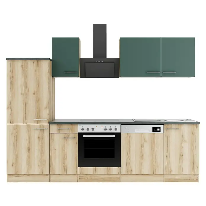 Optifit Savona405 Küchenleerblock Typ 4 - Breite: 270 cm, Wildeiche Nachbildung/Steingrün, Ohne Elektrogeräte - Modulküche mit hellen Holz- und dunkelgrünen Schränken, dunkelgrauer Arbeitsplatte, integriertem Backofen, Kochfeld, Geschirrspüler und Dunstabzugshaube.