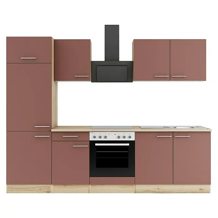 Optifit Bari407 Küchenleerblock Typ 1 - Breite: 270 cm, Rostrot, Ohne Elektrogeräte - Moderne Küchenzeile mit braunen Schränken, heller Holzoptik-Arbeitsplatte und schwarzen Geräten: Kochfeld, Backofen, Dunstabzugshaube und Spüle.