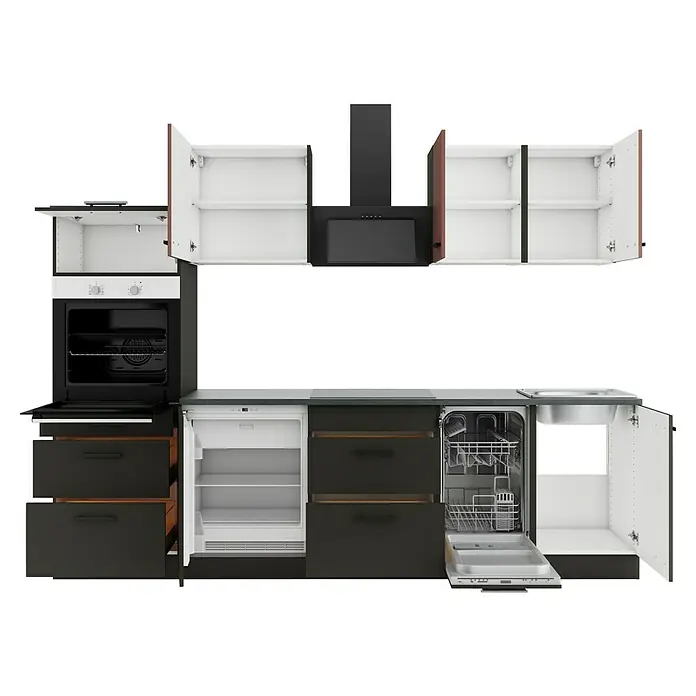 Optifit Nizza407 Küchenleerblock Typ 4 - Breite: 270 cm, Anthrazit/Rostrot, Ohne Elektrogeräte - Moderne schwarze und dunkelgraue Küchenzeile mit offenen Schränken, Backofen, Kühlschrank, Geschirrspüler, Kochfeld und Spüle, innen weiß, mit Holzschubladen.