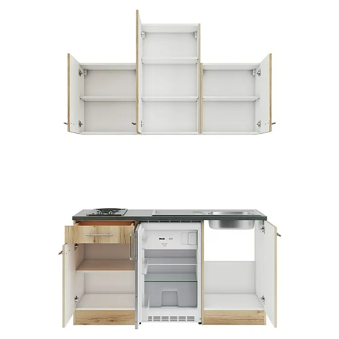Optifit Livorno290 Singleküche Typ 1 - Breite: 150 cm, Wildeiche Nachbildung, Mit Elektrogeräten - Kompakte Küchenzeile mit geöffneten weißen und hellen Holzschränken, dunkelgrauer Arbeitsplatte, integriertem Kochfeld, Spüle, offener Schublade und offenem Minikühlschrank.