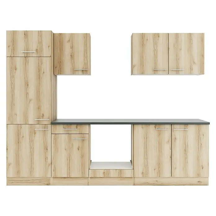Optifit Livorno290 Küchenleerblock Typ 2 - Breite: 270 cm, Wildeiche Nachbildung, Ohne Elektrogeräte - Modulare Küchenmöbel in hellem Holz mit grauer Arbeitsplatte, bieten diverse Stauraum- und Gerätefächer.