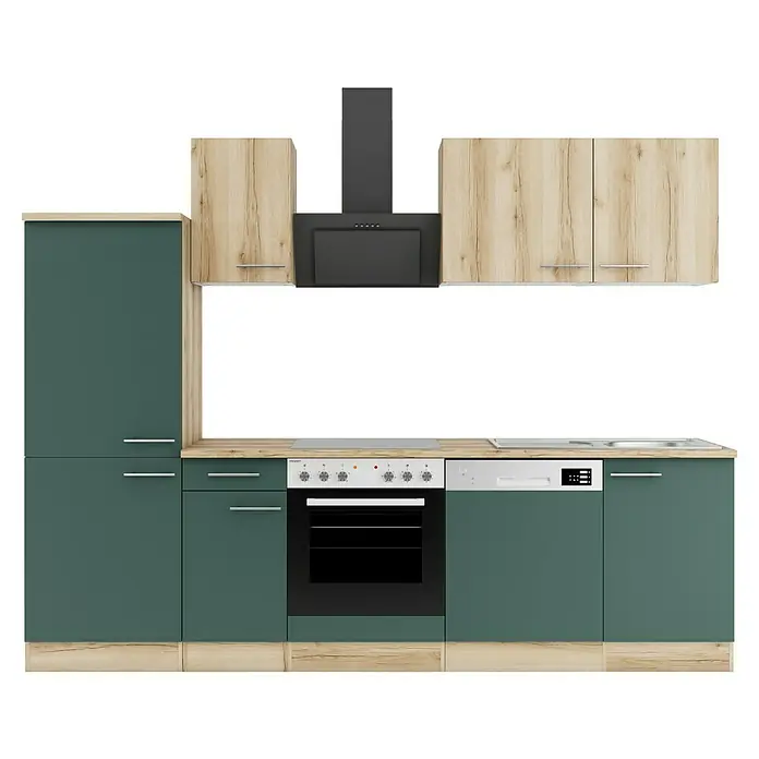 Optifit Livorno290 Küchenzeile Typ 2 - Breite: 270 cm, Steingrün/Wildeiche Nachbildung, Mit Elektrogeräten - Grüne und hellholzfarbene Küchenzeile mit integriertem Backofen, Kochfeld, Spüle, Geschirrspüler und Dunstabzugshaube.
