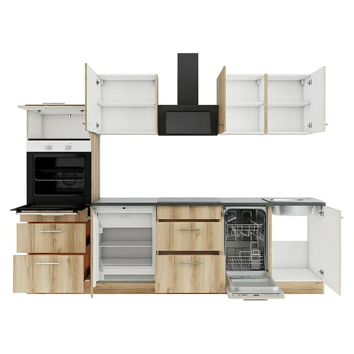 Optifit Livorno290 Singleküche Typ 4 - Breite: 210 cm, Wildeiche Nachbildung, Mit Elektrogeräten - Moderne Küche mit hellen Holzschränken, weißem Interieur, schwarzen Geräten, offenem Kühlschrank, Backofen, Geschirrspüler und Spüle.