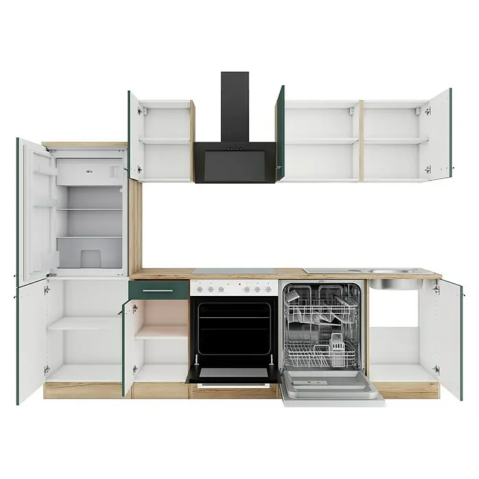 Optifit Savona405 Küchenleerblock Typ 1 - Breite: 270 cm, Steingrün, Ohne Elektrogeräte - Moderne modulare Küche in Holzoptik, Weiß, Dunkelgrün, mit offenem Kühlschrank, Backofen, Geschirrspüler. Kochfeld, Spüle, Dunstabzugshaube integriert.