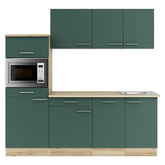 Optifit Savona405 Küchenleerblock Typ 1 - Breite: 210 cm, Steingrün, Ohne Elektrogeräte - Graugrüne Küchenzeile mit Holzapplikationen, integrierter Mikrowelle und Spüle.