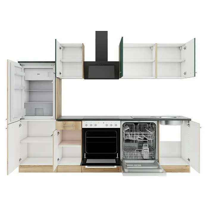 Optifit Savona405 Küchenleerblock Typ 4 - Breite: 270 cm, Wildeiche Nachbildung/Steingrün, Ohne Elektrogeräte - Küchenzeile mit offenen weißen und Holzschränken, schwarzen Geräten und einer Spüle.
