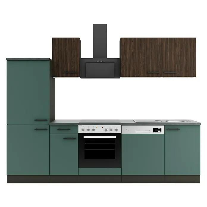 Optifit Verona405 Küchenzeile Typ 3 - Breite: 270 cm, Steingrün/Rillendekor Nussbaum, Mit Elektrogeräten - Moderne Küche mit grünen Unterschränken, dunklen Oberschränken und integriertem Backofen, Kochfeld, Geschirrspüler, Spüle, Dunstabzugshaube.
