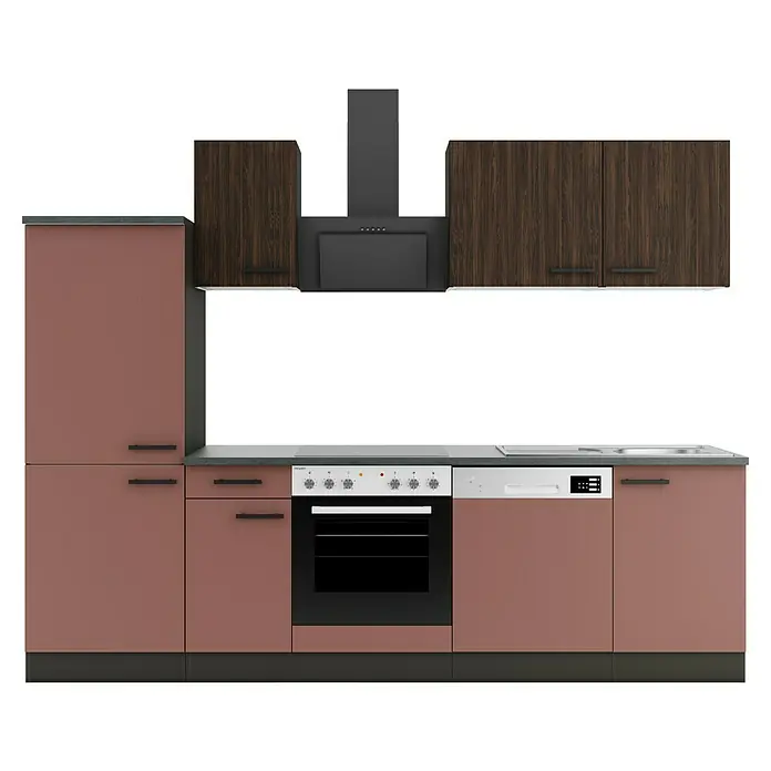 Optifit Nizza407 Küchenleerblock Typ 2 - Breite: 270 cm, Rostrot/Rillendekor Nussbaum, Ohne Elektrogeräte - Moderne Einbauküche mit rosébraunen Unterschränken, oberen Holzschränken, dunkler Arbeitsplatte, integriertem Backofen, Geschirrspüler und Dunstabzugshaube.