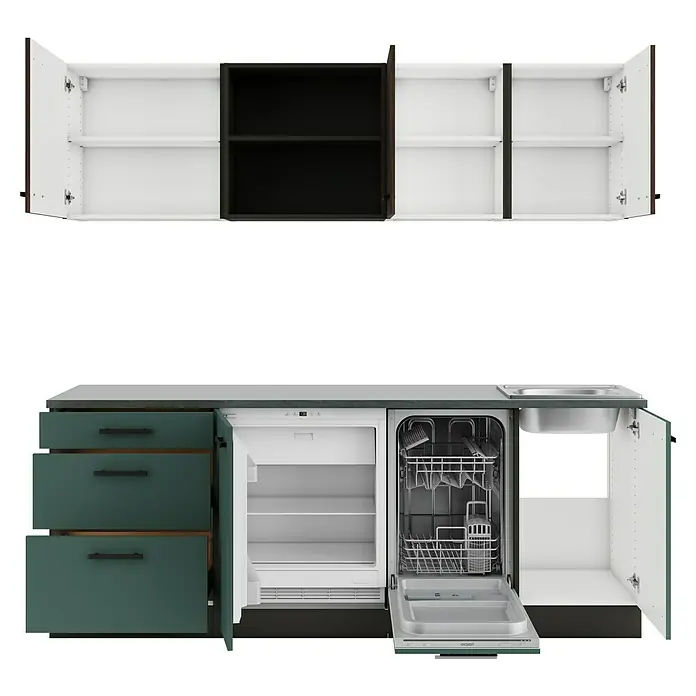 Optifit Verona405 Singleküche Typ 2 - Breite: 210 cm, Steingrün/Rillendekor Nussbaum, Ohne Elektrogeräte - Modulares Küchenset mit grünen und schwarzen Unterschränken, Spüle, Kühlschrank und Geschirrspüler, sowie weißen und schwarzen offenen Oberschränken.