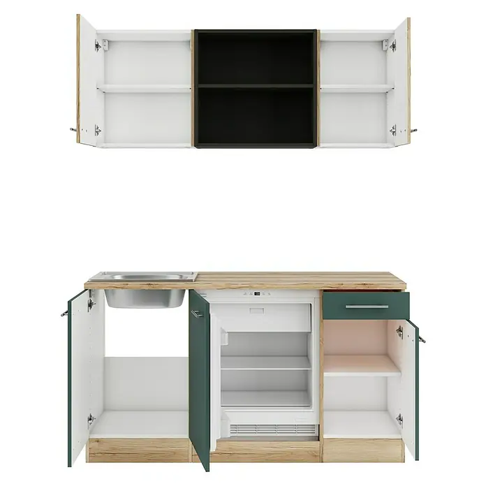 Optifit Livorno290 Singleküche Typ 1 - Breite: 150 cm, Steingrün/Wildeiche Nachbildung, Mit Elektrogeräten - Kompakte Küchenzeile mit Holzmaserung, weißen, schwarzen und dunkelgrünen Schränken, Spüle und integriertem Kühlschrank. Türen und Regale sind offen.