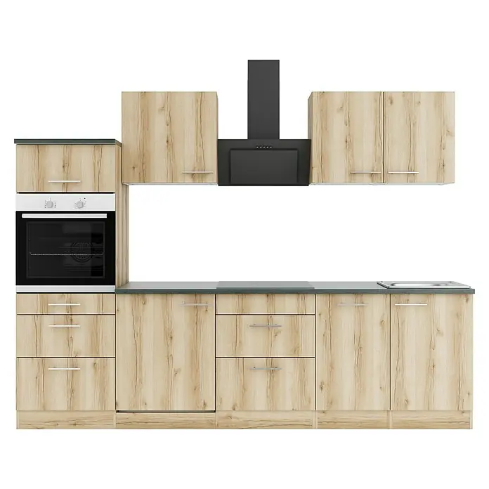 Optifit Livorno290 Singleküche Typ 4 - Breite: 210 cm, Wildeiche Nachbildung, Mit Elektrogeräten - Küchenzeile aus hellem Holz mit dunkelgrauen Arbeitsplatten, integriertem Backofen, Kochfeld und schwarzer Dunstabzugshaube.