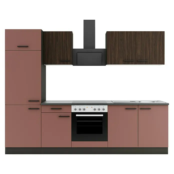 Optifit Nizza407 Küchenleerblock Typ 3 - Breite: 270 cm, Rostrot/Rillendekor Nussbaum, Ohne Elektrogeräte - Moderne Küchenzeile mit braun-rosa Unterschränken, dunklen Holz-Oberschränken, Backofen, Kochfeld, Spüle und Dunstabzugshaube.