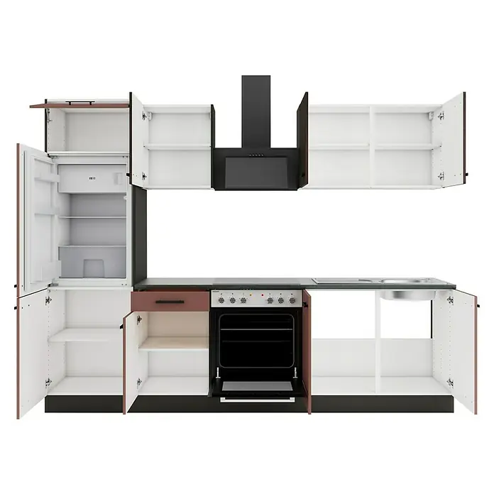 Optifit Nizza407 Küchenleerblock Typ 3 - Breite: 270 cm, Rostrot/Rillendekor Nussbaum, Ohne Elektrogeräte - Küchenzeile mit offenen weißen und braunen Schränken, Kühlschrank, Backofen, Kochfeld, Spüle und dunkelgrauer Dunstabzugshaube.