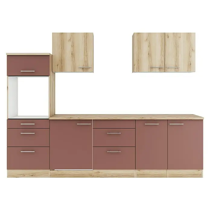 Optifit Livorno290 Küchenleerblock Typ 3 - Breite: 270 cm, Wildeiche Nachbildung/Rostbraun, Ohne Elektrogeräte - Moderne Küchenzeile mit hellen Holzdetails und mauvefarbenen Fronten, mit Ober- und Unterschränken.