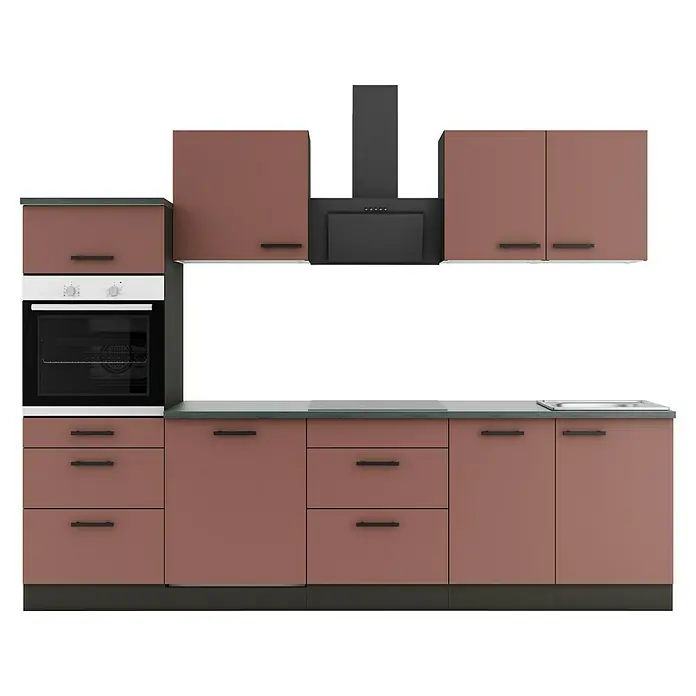 Optifit Nizza407 Küchenleerblock Typ 4 - Breite: 270 cm, Rostrot, Ohne Elektrogeräte - Moderne braune Küchenzeile mit Backofen, Kochfeld, Spüle und schwarzer Dunstabzugshaube.