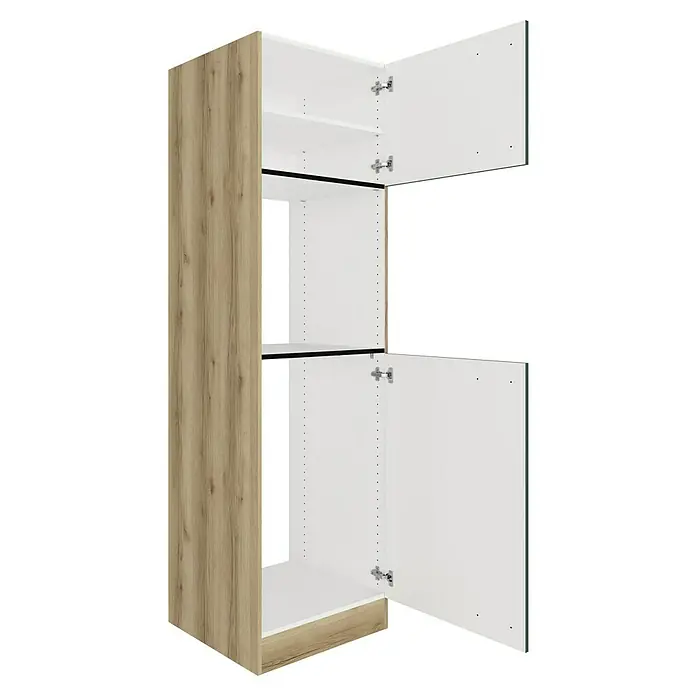 Optifit Savona405 Geräteumbauschrank - 60 x 60 x 206,8 cm, Steingrün, Mit 2 Türen für Backofen und Kühlschrank - Hoher Schrank mit heller Holzmaserung und offenen weißen Türen, die Regale zeigen.