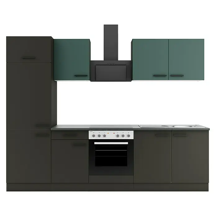 Optifit Verona405 Küchenleerblock Typ 1 - Breite: 270 cm, Anthrazit/Steingrün, Ohne Elektrogeräte - Moderne Einbauküche mit dunkelgrauen Unter- und Hochschränken, türkisen Oberschränken, integriertem Backofen, Kochfeld und Spüle.