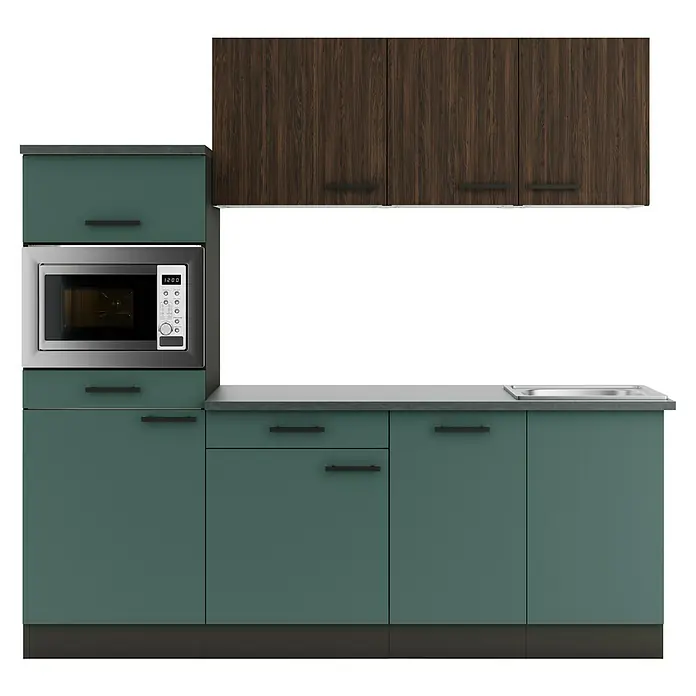Optifit Verona405 Singleküche Typ 2 - Breite: 210 cm, Steingrün/Rillendekor Nussbaum, Mit Elektrogeräten - Modulare Küchenzeile mit grünen Unterschränken, dunklen Holz-Hängeschränken, integrierter Mikrowelle und Spüle.