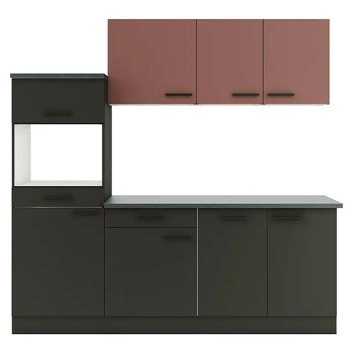 Optifit Nizza407 Küchenleerblock Typ 4 - Breite: 210 cm, Anthrazit/Rostrot, Ohne Elektrogeräte - Dunkelgraue Küchenunter- und Hochschränke mit hellgrauer Arbeitsplatte und braunen Oberschränken mit dunklen Griffen.