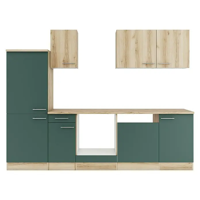 Optifit Livorno290 Küchenleerblock Typ 4 - Breite: 270 cm, Steingrün/Wildeiche Nachbildung, Ohne Elektrogeräte - Zweifarbige Küchenschränke in Dunkelgrün und hellem Holz, bestehend aus Unter-, Hänge- und Hochschränken.