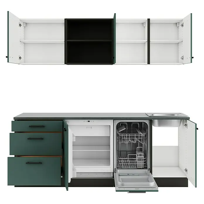 Optifit Verona405 Küchenleerblock Typ 1 - Breite: 210 cm, Steingrün, Ohne Elektrogeräte - Modulare Küchenzeile mit offenen weißen und schwarzen Oberschränken, dunkelgrünen Unterschränken, offenem Kühlschrank, Spülmaschine und Spüle.