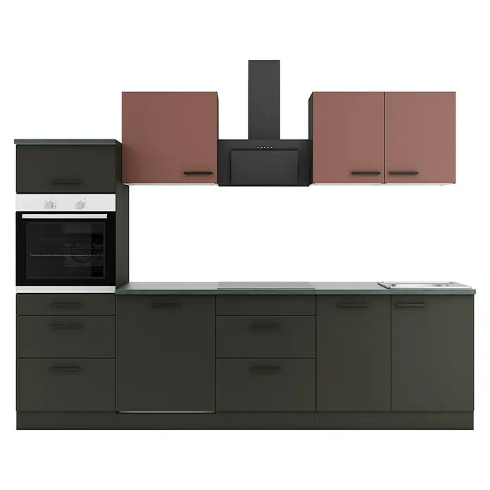 Optifit Nizza407 Küchenleerblock Typ 4 - Breite: 270 cm, Anthrazit/Rostrot, Ohne Elektrogeräte - Moderne dunkelgraue Unter- und Hochschränke mit weißem Backofen, Kochfeld, Spüle und braunen Oberschränken mit schwarzer Dunstabzugshaube.