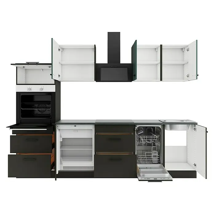 Optifit Verona405 Küchenleerblock Typ 2 - Breite: 270 cm, Anthrazit/Steingrün, Ohne Elektrogeräte - Moderne dunkelgraue Modulküche mit offenen Schränken, Schubladen, Backofen, Kühlschrank, Geschirrspüler und Spüle, die weiße Innenräume zeigen.