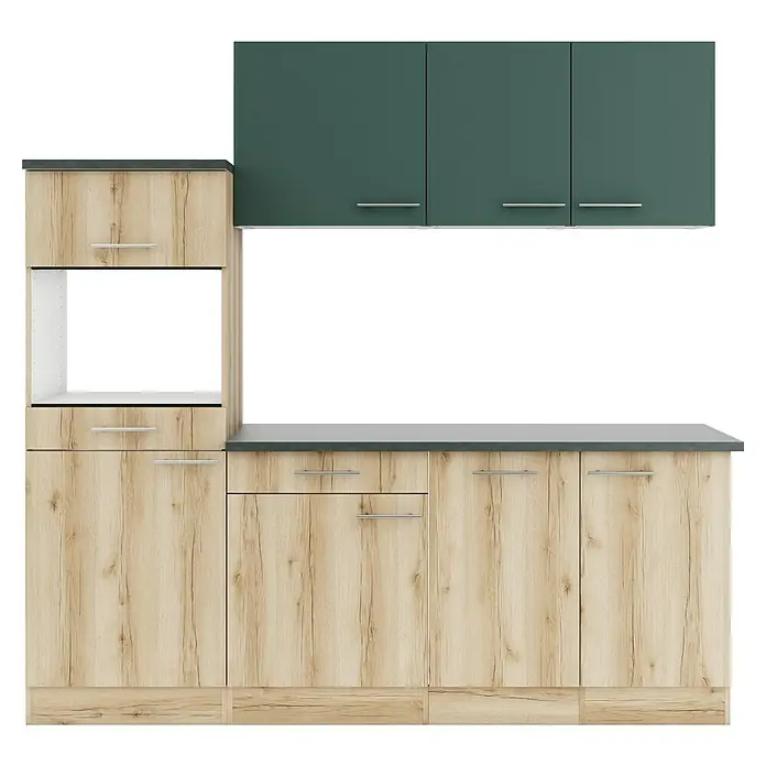 Optifit Savona405 Küchenleerblock Typ 4 - Breite: 210 cm, Wildeiche Nachbildung/Steingrün, Ohne Elektrogeräte - Modulare Küchenzeile mit Unterschränken in heller Holzoptik, grauer Arbeitsplatte, offenem Regal und dunkelgrünen Hängeschränken mit Silbergriffen.