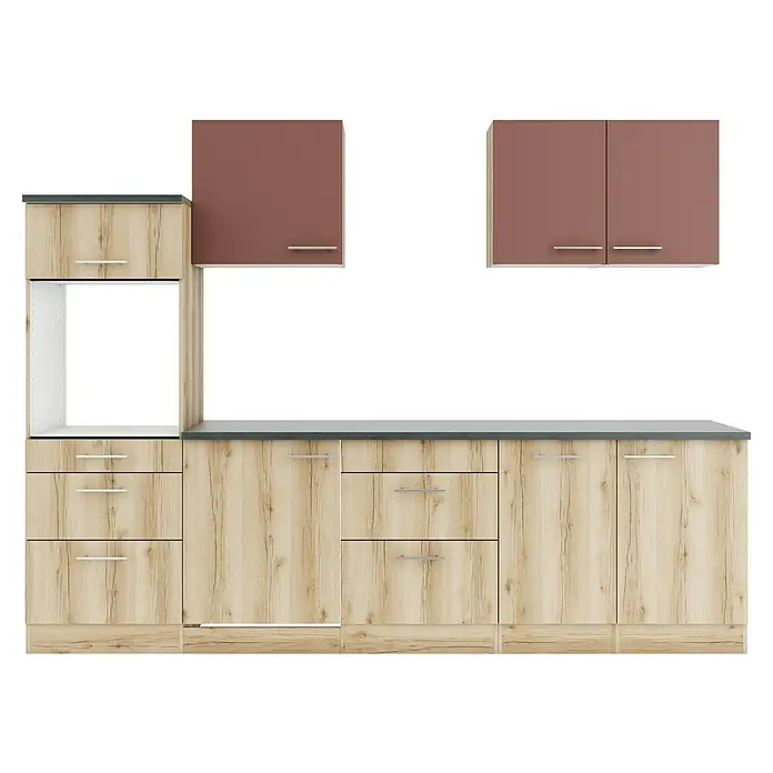 Optifit Bari407 Küchenleerblock Typ 1 - Breite: 270 cm, Rostbraun/Wildeiche Nachbildung, Ohne Elektrogeräte - Helle Holzküchenschränke mit dunkelgrauer Arbeitsplatte und braunen Hängeschränken.