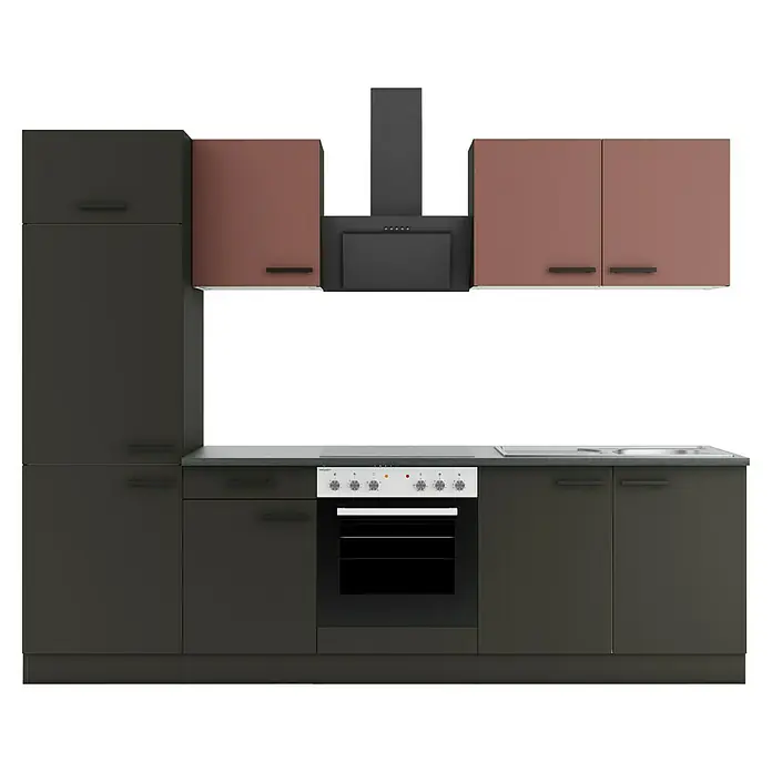 Optifit Nizza407 Küchenleerblock Typ 2 - Breite: 270 cm, Anthrazit/Rostrot, Ohne Elektrogeräte - Moderne Küchenzeile mit anthrazitfarbenen Unterschränken, rotbraunen Hängeschränken, Backofen, Kochfeld, Spüle und Dunstabzugshaube.