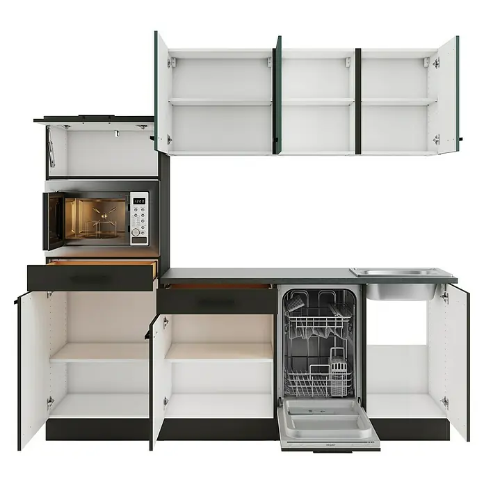 Optifit Verona405 Küchenleerblock Typ 3 - Breite: 210 cm, Anthrazit/Steingrün, Ohne Elektrogeräte - Dunkelgraue Küchenzeile mit weißer Innenausstattung, integrierter Mikrowelle, Geschirrspüler und Spüle, mit offenen Türen und Schubladen.