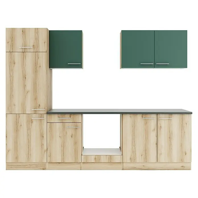 Optifit Savona405 Küchenleerblock Typ 2 - Breite: 270 cm, Wildeiche Nachbildung/Steingrün, Ohne Elektrogeräte - Modulares Küchenschrankset mit hellen Holzunterschränken, dunkelgrünen Hängeschränken und grauer Arbeitsplatte.