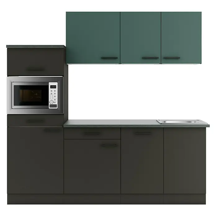 Optifit Verona405 Küchenleerblock Typ 3 - Breite: 210 cm, Anthrazit/Steingrün, Ohne Elektrogeräte - Dunkelgrüne und dunkelgraue Küchenschränke mit integrierter Mikrowelle und Spüle.