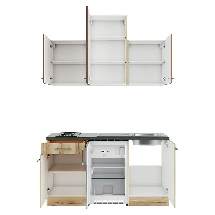 Optifit Bari407 Singleküche Typ 2 - Breite: 150 cm, Rostbraun/Wildeiche Nachbildung, Wechselseitig aufbaubar - Kompakte Küchenzeile mit offenen Ober- und Unterschränken, integriertem Kochfeld, Spüle und offenem Kühlschrank. Helle Holzoptik, weiße Innenräume, dunkle Arbeitsplatte.