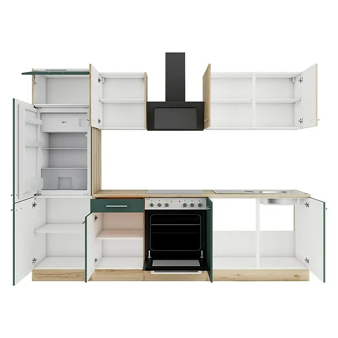Optifit Livorno290 Küchenleerblock Typ 1 - Breite: 270 cm, Steingrün/Wildeiche Nachbildung, Ohne Elektrogeräte - Moderne modulare Küche in Weiß, heller Holzoptik und Dunkelgrün, mit offenen Schränken, Kühlschrank, Backofen, Kochfeld, Spüle und Dunstabzugshaube.