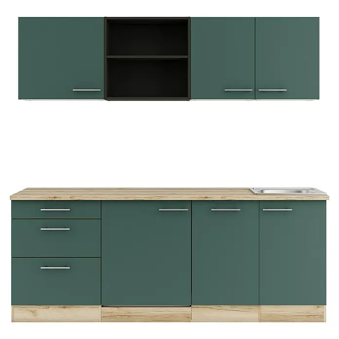 Optifit Savona405 Singleküche Typ 3 - Breite: 210 cm, Steingrün, Wechselseitig aufbaubar - Dunkelgrüne Küchenschränke mit heller Holzplatte, bestehend aus Ober- und Unterschränken, Schubladen und Spüle.