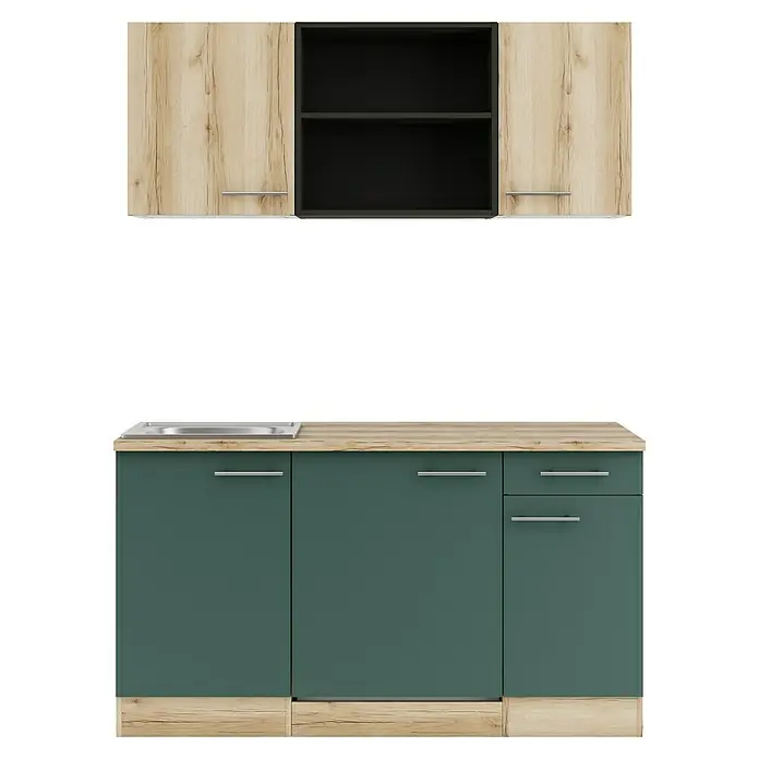 Optifit Livorno290 Singleküche Typ 1 - Breite: 150 cm, Steingrün/Wildeiche Nachbildung, Mit Elektrogeräten - Modulare Küche mit hellen Holz-Oberschränken und schwarzen offenen Regalen, dunkelgrüne Unterschränke mit Holzplatte und Spüle.