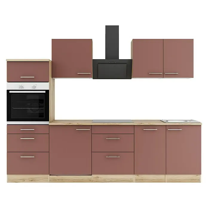 Optifit Bari407 Küchenleerblock Typ 4 - Breite: 270 cm, Rostrot, Ohne Elektrogeräte - Moderne Küchenzeile mit braun-mauve Schränken, heller Holzoptik, integriertem Backofen, Kochfeld, Spüle und dunkler Dunstabzugshaube.
