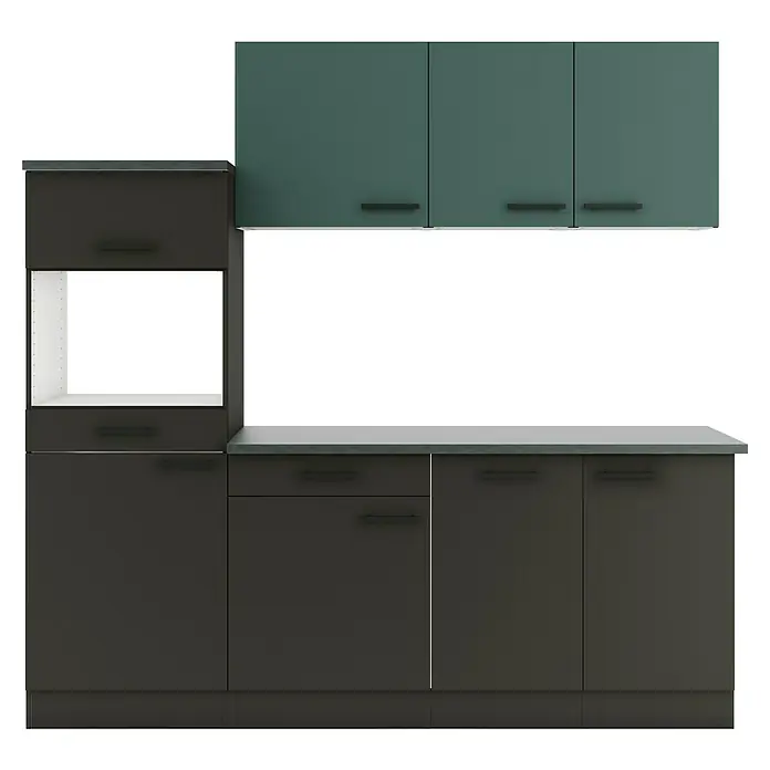 Optifit Verona405 Küchenleerblock Typ 3 - Breite: 210 cm, Anthrazit/Steingrün, Ohne Elektrogeräte - Moderne Küchenschränke: dunkelgraue Unterschränke mit heller Arbeitsplatte und Hochschrank, dunkelgrüne Oberschränke, alle mit schwarzen Griffen.