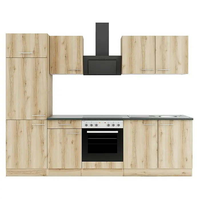 Optifit Livorno290 Küchenzeile Typ 3 - Breite: 270 cm, Wildeiche Nachbildung, Mit Elektrogeräten - Helle Holzküche mit schwarzem Backofen, Kochfeld, Dunstabzugshaube und Spüle.