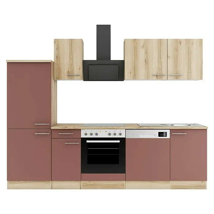 Optifit Livorno290 Küchenzeile Typ 3 - Breite: 270 cm, Wildeiche Nachbildung/Rostbraun, Mit Elektrogeräten - Moderne Küche: helle Holzmaserung, dunkelrosa Fronten, Ofen, Kochfeld, Spülmaschine, Spüle und schwarze Dunstabzugshaube.