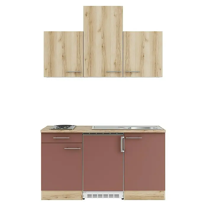 Optifit Livorno290 Singleküche Typ 2 - Breite: 150 cm, Wildeiche Nachbildung/Rostbraun, Wechselseitig aufbaubar - Kompakte Küchenzeile mit hellen Holzmaserung-Oberschränken, rotbraunen Unterschränken, Herd, Spüle und integriertem Gerät.
