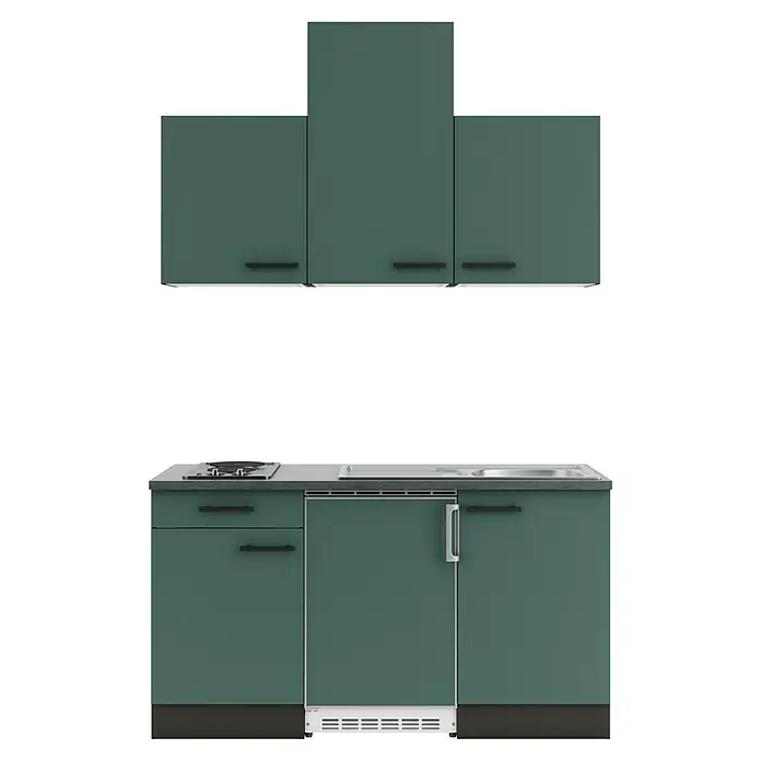 Optifit Verona405 Singleküche Typ 2 - Breite: 150 cm, Steingrün, Wechselseitig aufbaubar - Dunkelgrüne Modulküche mit Hängeschränken, Unterschränken mit Kochfeld, Spüle und integriertem Gerät.