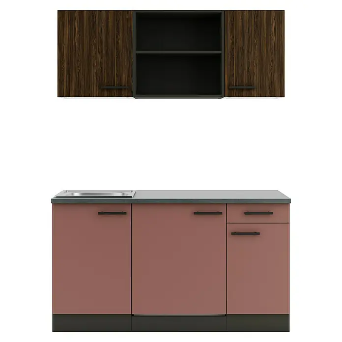 Optifit Nizza407 Singleküche Typ 1 - Breite: 150 cm, Rostrot/Rillendekor Nussbaum, Mit Elektrogeräten - Küchenschrank-Set: Oberschränke aus dunklem Holz, Unterschränke in Rotbraun mit Spüle und grauer Arbeitsplatte.