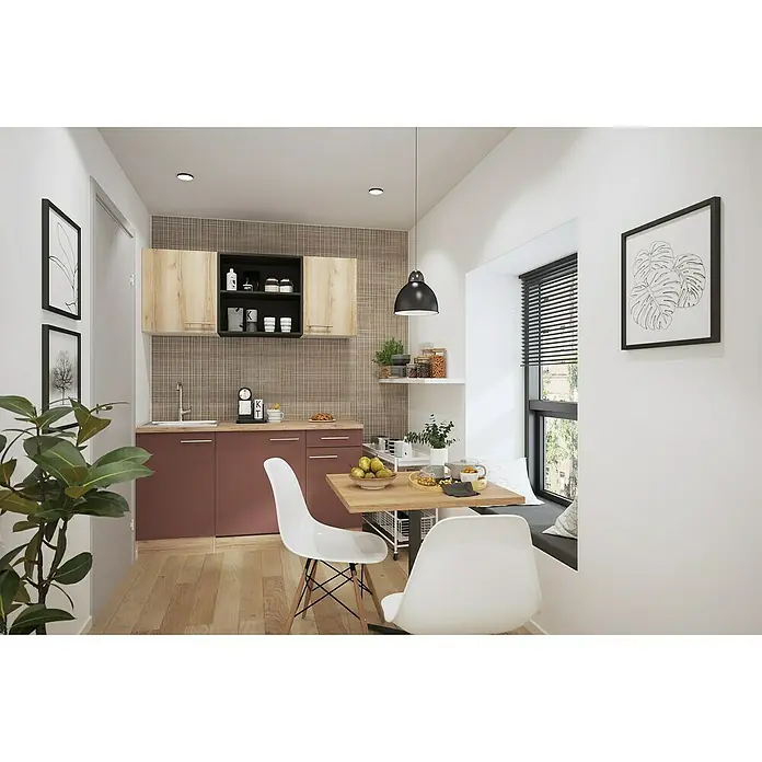 Optifit Livorno290 Singleküche Typ 1 - Breite: 150 cm, Wildeiche Nachbildung/Rostbraun, Wechselseitig aufbaubar - Eine kompakte, moderne Küche mit rotbraunen und Holzschränken, einer Holzarbeitsplatte und einem Essbereich mit weißen Stühlen und Fensterbank.