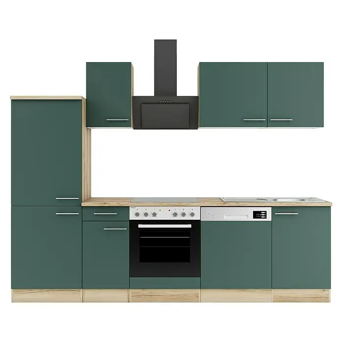 Optifit Savona405 Küchenleerblock Typ 1 - Breite: 270 cm, Steingrün, Ohne Elektrogeräte - Moderne modulare Küche in Grün-Grau mit Holzakzenten, Dunstabzugshaube, Backofen, Kochfeld, Geschirrspüler und Spüle.