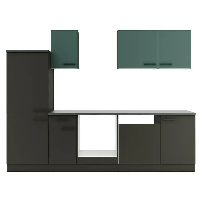 Optifit Verona405 Küchenleerblock Typ 3 - Breite: 270 cm, Anthrazit/Steingrün, Ohne Elektrogeräte - Dunkelgraue und dunkelgrüne Küchenschränke mit grauer Arbeitsplatte und dunklen Griffen, inklusive Platz für ein Gerät.