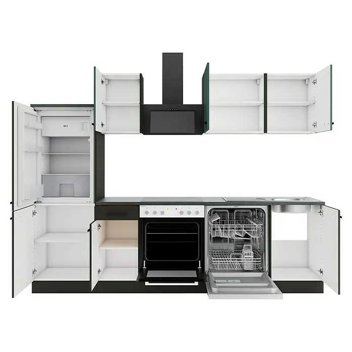 Optifit Verona405 Küchenzeile Typ 2 - Breite: 270 cm, Anthrazit/Steingrün, Mit Elektrogeräten - Modulare Küche mit offenen Schränken, Kühlschrank, Ofen und Geschirrspüler. Dunkelgrau und weiß.