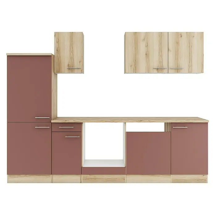 Optifit Livorno290 Küchenleerblock Typ 2 - Breite: 270 cm, Wildeiche Nachbildung/Rostbraun, Ohne Elektrogeräte - Modulare Küchenzeile in heller Holzoptik und Rotbraun, mit Metallgriffen.